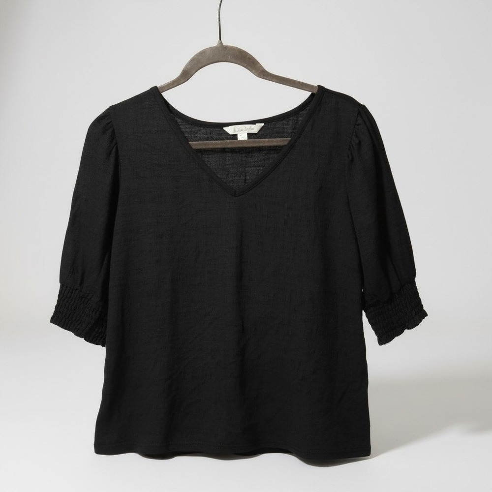 The Pioneer‎ Woman Black Textured Puff Sleeve V Neck Top Womens XL 16 18